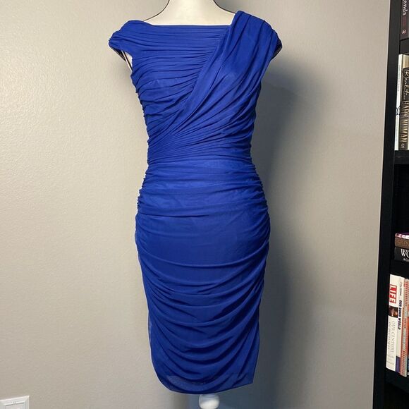 Tadashi Shoji Mesh Ruched Sheath Cocktail Dress Sz M - Picture 1 of 5